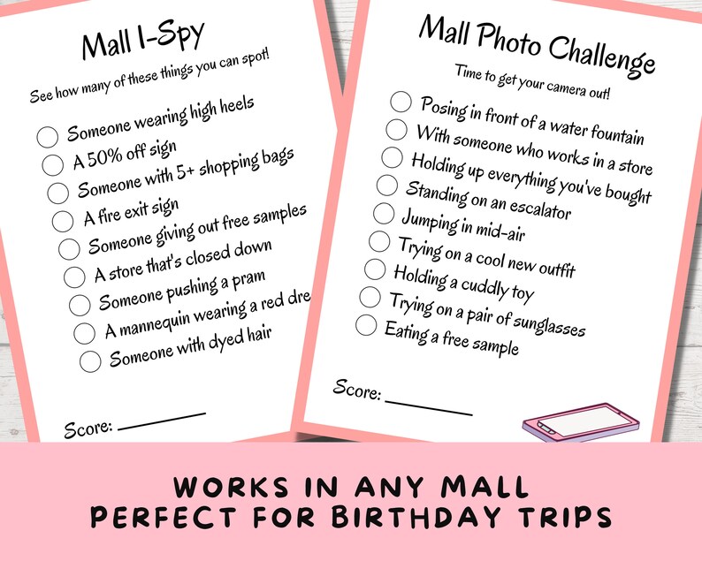 Puede incluir: Dos listas de control imprimibles para una b&uacute;squeda del tesoro en un centro comercial. La primera lista de control se titula "Mall I-Spy" y tiene una lista de cosas que encontrar en un centro comercial, como alguien que lleva tacones altos, un cartel de 50% de descuento y una tienda que est&aacute; cerrada. La segunda lista de control se titula "Mall Photo Challenge" y tiene una lista de desaf&iacute;os fotogr&aacute;ficos para completar en un centro comercial, como posar frente a una fuente, sostener todo lo que has comprado y probarte un par de gafas de sol.