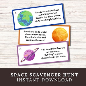 Indices de chasse au trésor dans l'espace, chasse au trésor des astronautes à imprimer, jeu de fête d'anniversaire dans l'espace pour garçons et filles, indice à cacher, cadeau surprise