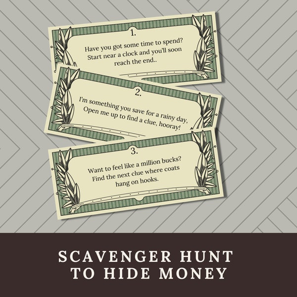 Birthday Money Treasure Hunt Clues, Printable Money Scavenger Hunt for Birthday, Graduation, Wedding, Unique Cash Gift Idea for Family