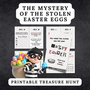 May include: Printable Easter egg hunt game with a cartoon thief character carrying a bag of colorful eggs. The game includes clues and a "You were too clever for me! Gah!" message.