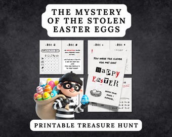 May include: Printable Easter egg hunt game with a cartoon thief character carrying a bag of colorful eggs. The game includes clues and a "You were too clever for me! Gah!" message.