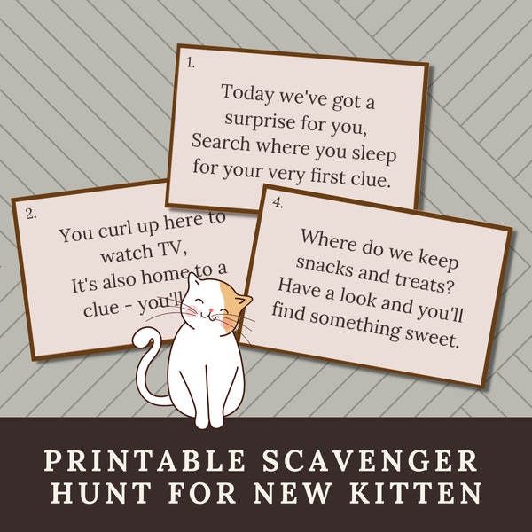 Printable New Kitten Scavenger Hunt, Treasure Hunt Clues Leading to Cat or Kitten, New Kitten Announcement, New Cat Gift Reveal Idea