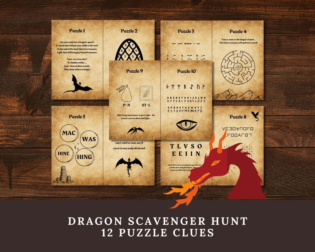 Dragon Scavenger Hunt Puzzle Clues for Kids, Printable Medieval Knights ...