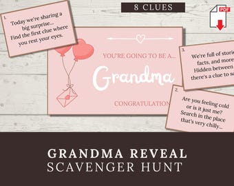 Puede incluir: Un juego de tarjetas de búsqueda del tesoro en color rosa para anunciar que alguien será abuela. La tarjeta principal incluye el texto YOU'RE GOING TO BE A... Grandma CONGRATULATIONS con globos de corazón y un sobre. Tres tarjetas contienen pistas.