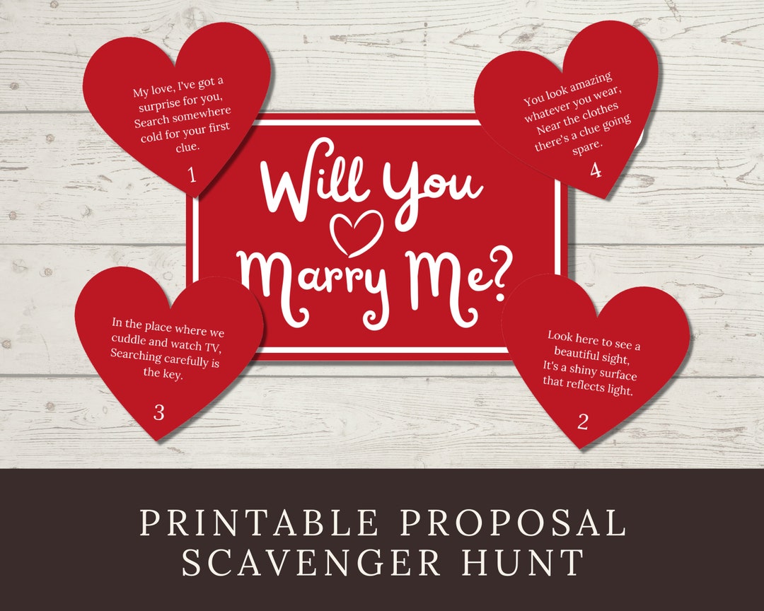 Proposal Scavenger Hunt Clues printable, Cute Proposal Idea for Him or Her, Romantic Marriage