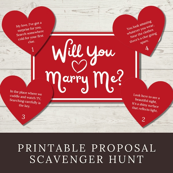 Proposal Scavenger Hunt Clues (Printable), Cute Proposal Idea for Him or Her, Romantic Marriage Proposal Treasure Hunt, Will You Marry Me?