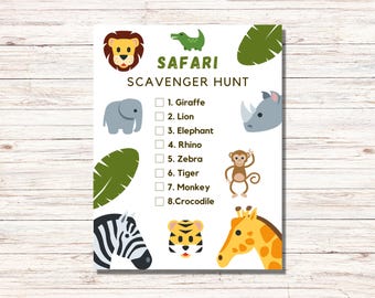 May include: A white Safari Scavenger Hunt game card featuring a list of eight animals with checkboxes. The card includes illustrations of a lion, crocodile, elephant, rhino, monkey, zebra, tiger, and giraffe, along with green tropical leaves.