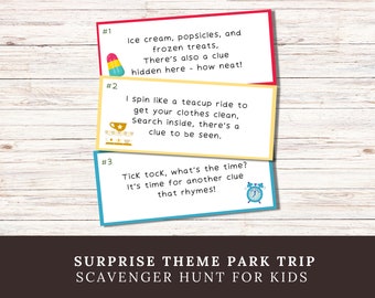 Surprise Theme Park Trip Reveal Scavenger Hunt for Kids, Resort Vacation Reveal Idea, Instant Download Printable, 16 Clues & Certificate