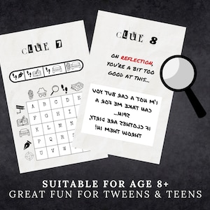 May include: Black and white printable game cards with the text "Clue 7" and "Clue 8". The cards feature a grid with icons and a word puzzle. The text on the cards reads "On reflection, you're a bit too good at this..." and "Voy tus sas a tou m'i a 907 3m 3xat цаг... шпик if ment woahnt dirty are clothes".