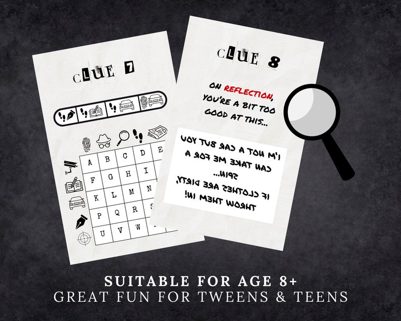 May include: Black and white printable game cards with the text "Clue 7" and "Clue 8". The cards feature a grid with icons and a word puzzle. The text on the cards reads "On reflection, you're a bit too good at this..." and "Voy tus sas a tou m'i a 907 3m 3xat цаг... шпик if ment woahnt dirty are clothes".