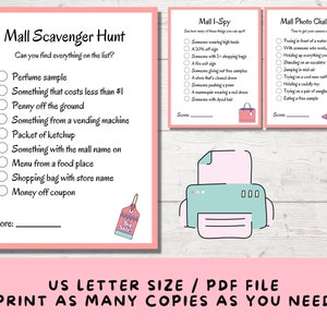 Puede incluir: Un juego de b&uacute;squeda del tesoro imprimible para una excursi&oacute;n de compras al centro comercial. El juego incluye una lista de art&iacute;culos para encontrar, como una muestra de perfume, algo que cuesta menos de 1&nbsp;&euro; y un cup&oacute;n de descuento. El juego tambi&eacute;n incluye un juego de I-Spy imprimible y un desaf&iacute;o fotogr&aacute;fico.