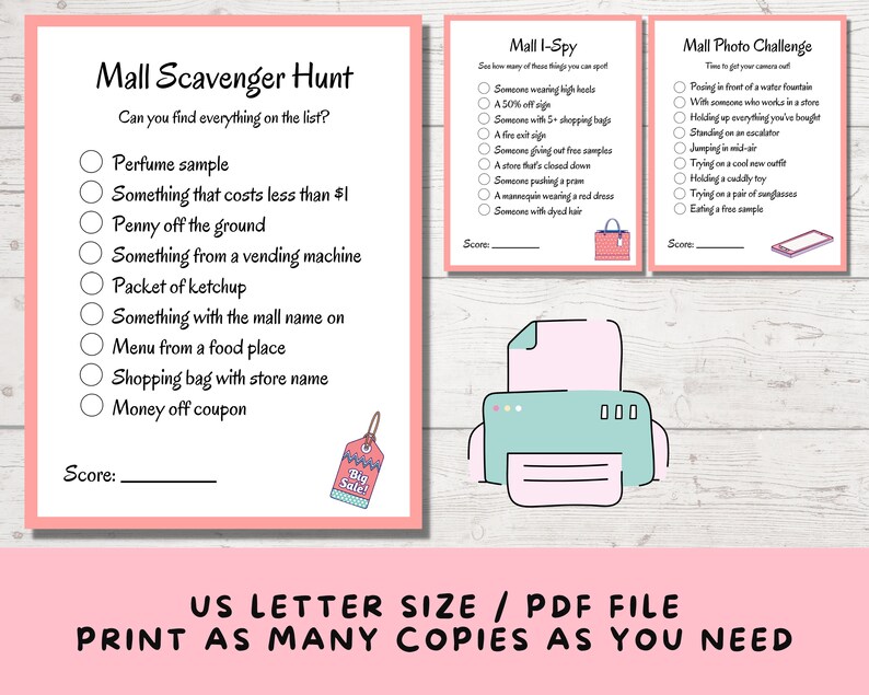 Puede incluir: Un juego de b&uacute;squeda del tesoro imprimible para una excursi&oacute;n de compras al centro comercial. El juego incluye una lista de art&iacute;culos para encontrar, como una muestra de perfume, algo que cuesta menos de 1&nbsp;&euro; y un cup&oacute;n de descuento. El juego tambi&eacute;n incluye un juego de I-Spy imprimible y un desaf&iacute;o fotogr&aacute;fico.