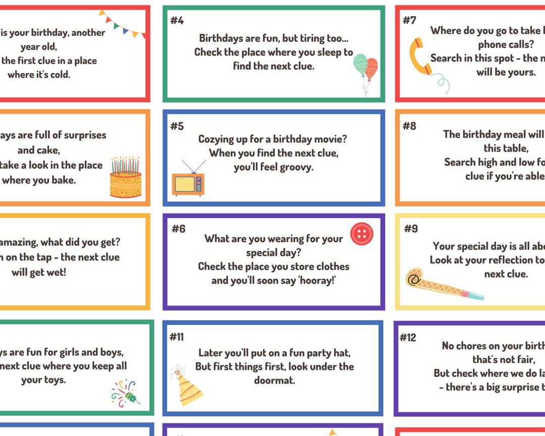 Birthday Scavenger Hunt Clues for Kids, Printable Treasure Hunt for ...