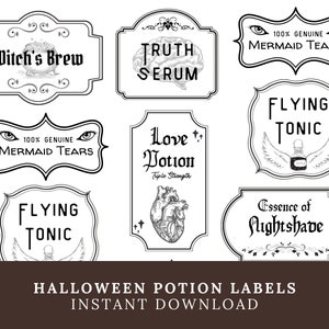 May include: Printable Halloween potion labels in black and white with whimsical illustrations and text.  The labels include names like "Witch's Brew", "Truth Serum", "Love Potion", "Flying Tonic", and "Essence of Nightshade".