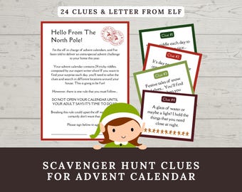 Puede incluir: Un conjunto de 24 pistas de búsqueda del tesoro de Navidad imprimibles para un calendario de adviento. Las pistas están escritas en tarjetas coloridas con una ilustración de un duende festivo. El texto en las tarjetas dice "Pista # 1", "Pista # 2", "Pista # 3" y "Pista # 4".