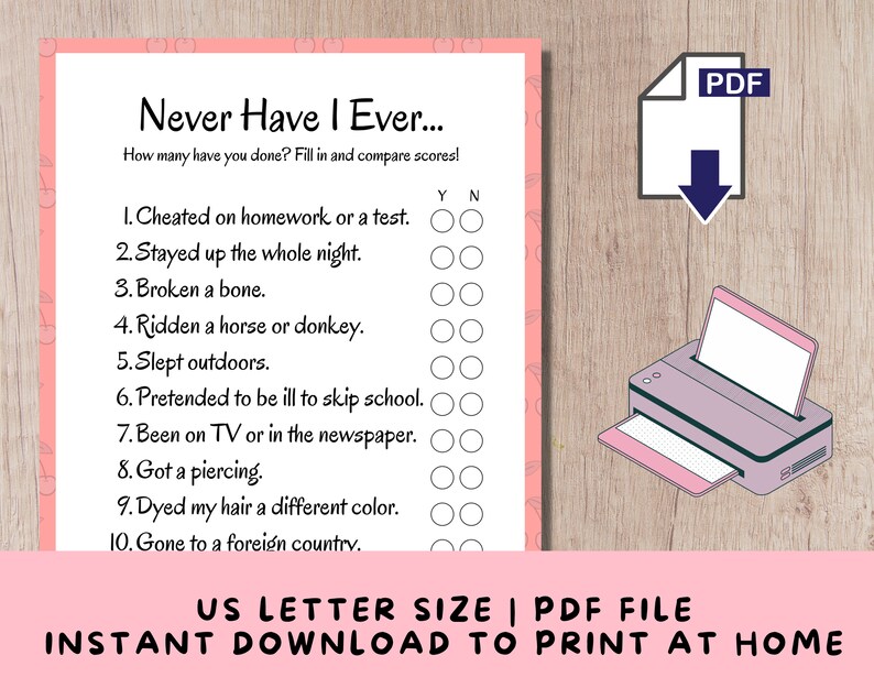 Printable 'never Have I Ever' Party Game for Teenage - Etsy