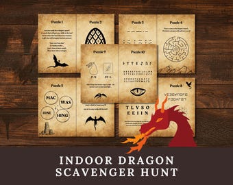 May include: A set of ten printed scavenger hunt puzzle cards on aged parchment-style paper featuring dragon-themed illustrations, mazes, ciphers, and text. A red dragon graphic is positioned in the lower right corner of the collection.