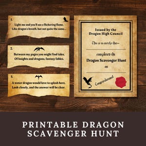 Pode incluir: Um conjunto de caça ao tesouro de dragões imprimível com três cartões de pistas em estilo pergaminho com silhuetas de dragões pretos e texto, além de um certificado do Dragon High Council com um selo de cera vermelho.