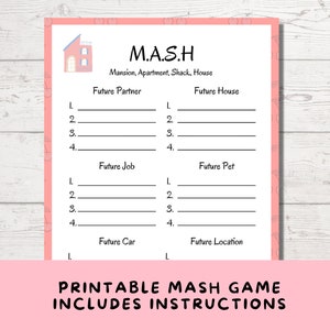 Gioco di società MASH stampabile per pigiama party tra adolescenti e preadolescenti, gioco di predizione del futuro per serate tra ragazze, feste di compleanno per 13, 14, 15 e 16 anni