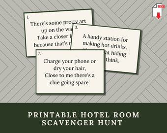 Printable Hotel Room Scavenger Hunt for Kids or Adults, 8 Hotel Treasure Hunt Clues & Set-Up Instructions, Fun Vacation Activity
