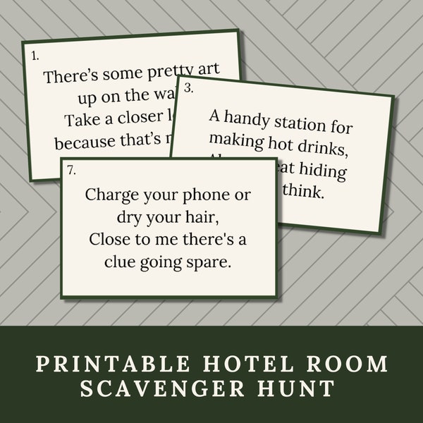 Printable Hotel Room Scavenger Hunt for Kids or Adults, 8 Hotel Treasure Hunt Clues & Set-Up Instructions, Fun Vacation Activity