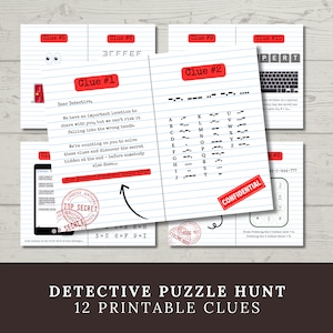 Può includere: Dodici indizi stampabili per una caccia al tesoro da detective. Gli indizi sono su carta bianca con testo rosso e nero. Gli indizi includono un codice alfabetico, un codice Morse, una tastiera e un tastierino telefonico.