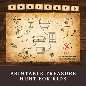 Caça ao tesouro com mapa do tesouro para crianças pequenas, caça ao tesouro para imprimir em casa com imagens, ideia de jogo de festa pirata com dicas visuais