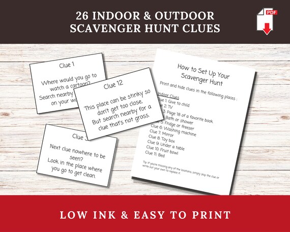 Indoor & Outdoor Home Scavenger Hunt with 26 Rhyming Clues, Printable Treasure Hunt Cards for Kids, Birthday Surprise Treasure Hunt Riddles