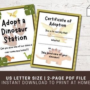 Adopt a Dinosaur Printable Sign and Certificate, Dinosaur Birthday ...