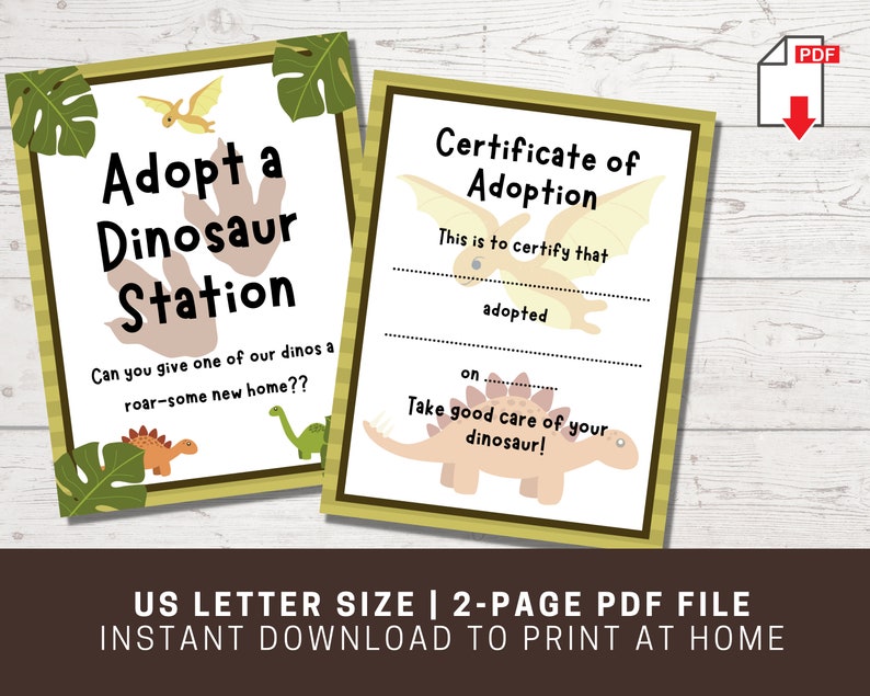 Adopt a Dinosaur Printable Sign and Certificate, Dinosaur Birthday ...