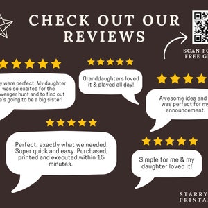 May include: A brown background with a white star in the top left corner. The text "CHECK OUT OUR REVIEWS" is in white text. There are five white speech bubbles with yellow five-star ratings and customer reviews. The text in the speech bubbles is black. The text "SCAN FOR A FREE GIFT!" is in white text. A black and white QR code is in the top right corner.
