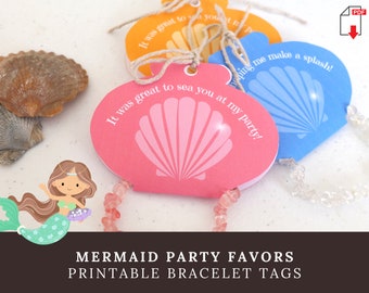 Printable Mermaid Party Favor Bracelet Holders, Mermaid Gift Tag, Mermaid Birthday Party Bag Filler Gift, Under the Sea Shell Party Favor