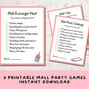 Puede incluir: Tres juegos de fiesta imprimibles para el centro comercial con fondos rosa y blanco. Los juegos se titulan "Mall Scavenger Hunt", "Mall I-Spy" y "Mall Photo Challenge". Cada juego tiene una lista de art&iacute;culos para encontrar o fotos para tomar.