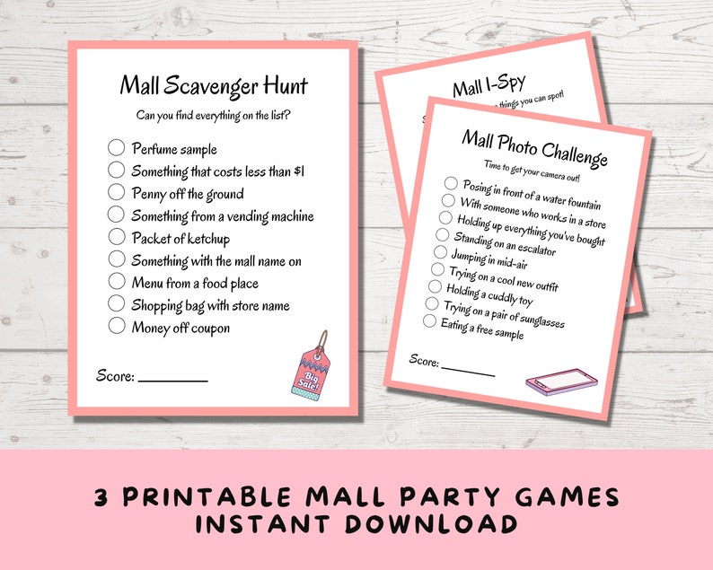 Puede incluir: Tres juegos de fiesta imprimibles para el centro comercial con fondos rosa y blanco. Los juegos se titulan "Mall Scavenger Hunt", "Mall I-Spy" y "Mall Photo Challenge". Cada juego tiene una lista de art&iacute;culos para encontrar o fotos para tomar.