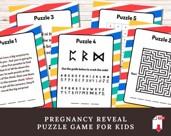 May include: A set of five printable puzzle sheets with colorful diagonal striped borders in red, yellow, blue, and teal. The sheets feature text instructions, a maze, a rune code cipher, and word games labeled Puzzle 1 through 5.