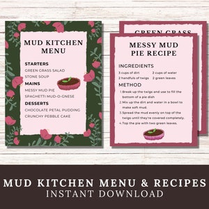 Mud Kitchen Printable Menu and Recipe Cards for Messy Play, Mud Pies and Pretend Food, Mud Kitchen Accessories, Pretend Play