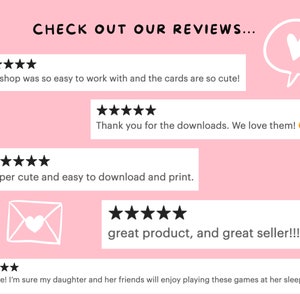 May include: Five-star reviews for a shop selling printable games. The reviews highlight the ease of use, cuteness of the designs, and the positive experience of downloading and printing the games. The text includes "This shop was so easy to work with and the cards are so cute!" and "Super cute and easy to download and print."