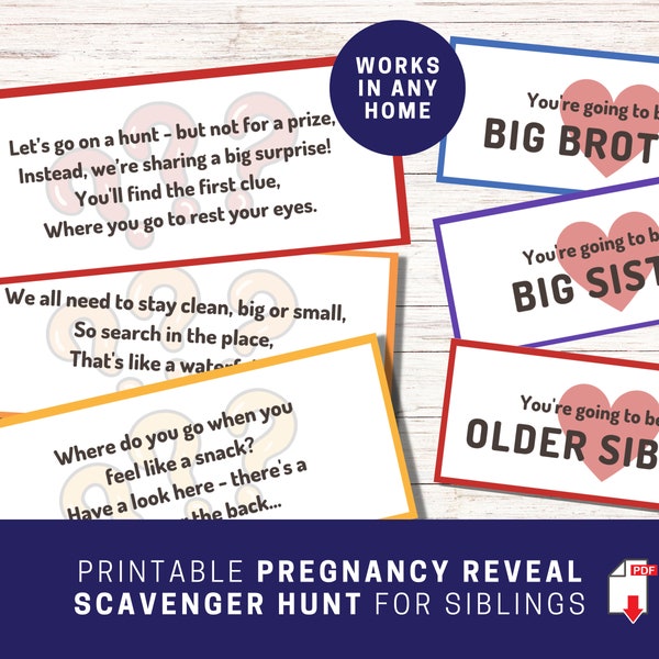 Printable Pregnancy Reveal Scavenger Hunt for Siblings, New Baby Announcement for Kids, Treasure Hunt Clues for Big Brother and Sister