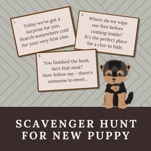 Caccia al tesoro stampabile per nuovi cuccioli, indizi per la caccia al tesoro che portano a un cane o a un cucciolo, annuncio di un nuovo cucciolo, idea per la presentazione di un nuovo cucciolo per bambini