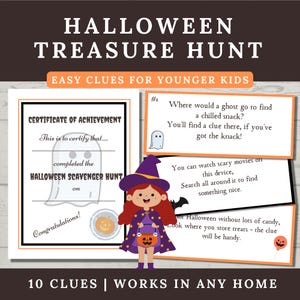 Chasse au trésor d'Halloween en intérieur, jeu de fête d'Halloween à imprimer pour les plus jeunes, jolie activité de chasse au trésor en famille, cartes indice de devinette
