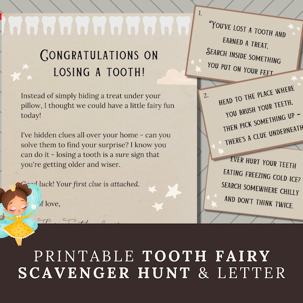 Tooth Fairy Letter & Scavenger Hunt (Printable), First Tooth Fairy Visit Idea for Girls and Boys, Lost Tooth Certificate, Tooth Fairy Notes