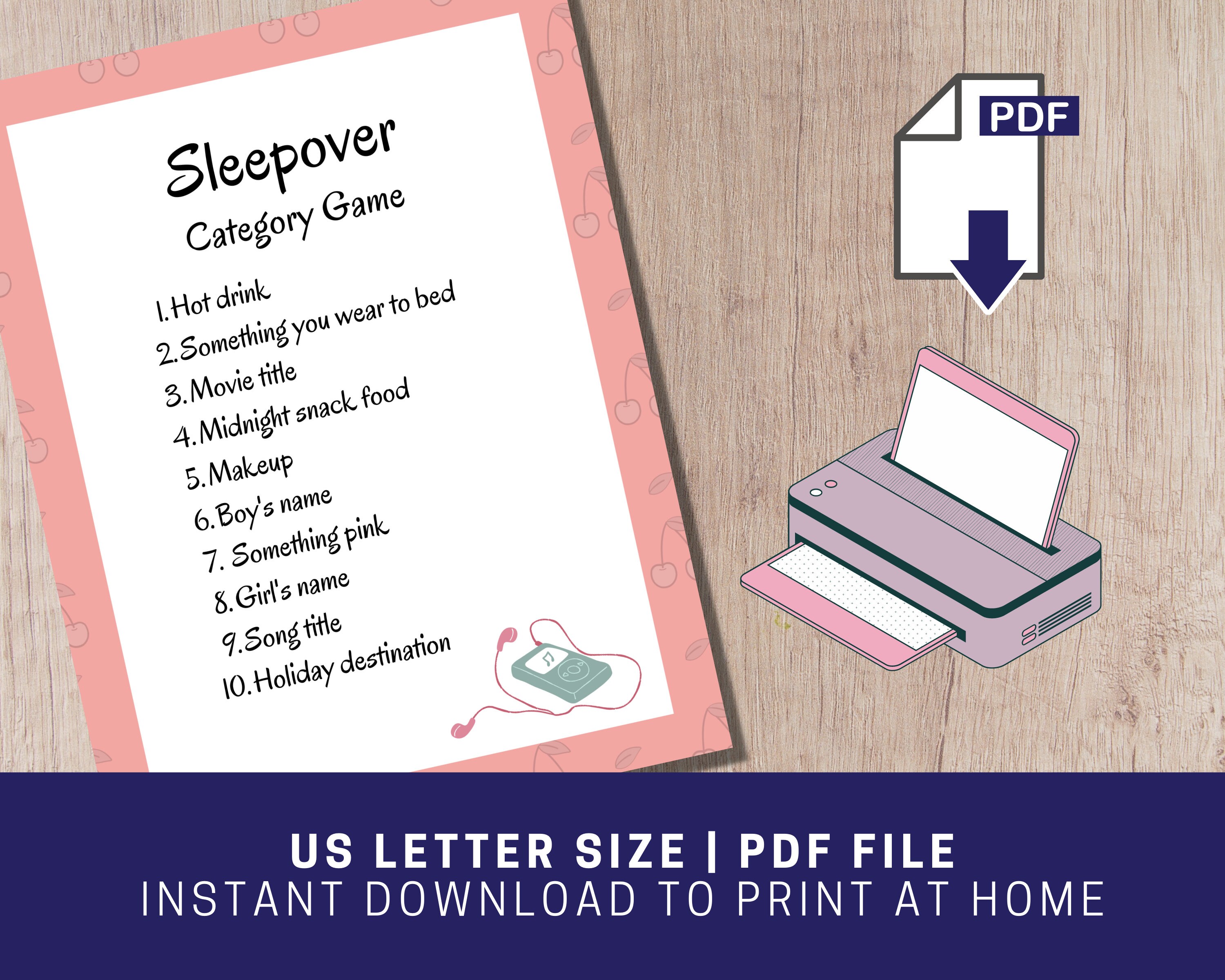 Printable Sleepover Category Game Slumber Party Game for - Etsy