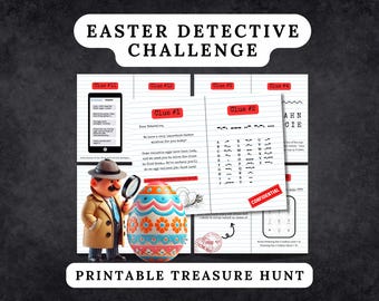 May include: An Easter Detective Challenge printable treasure hunt kit featuring clue cards with text, a morse code key, and a cartoon detective character holding a magnifying glass next to a colorful patterned Easter egg.