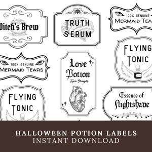 May include: A collection of black and white rectangular and ornate labels featuring illustrations of a cauldron, brain, eyes, wings, and heart. Text includes Witch's Brew, Truth Serum, 100% Genuine Mermaid Tears, Flying Tonic, Love Potion, and Essence of Nightshade.