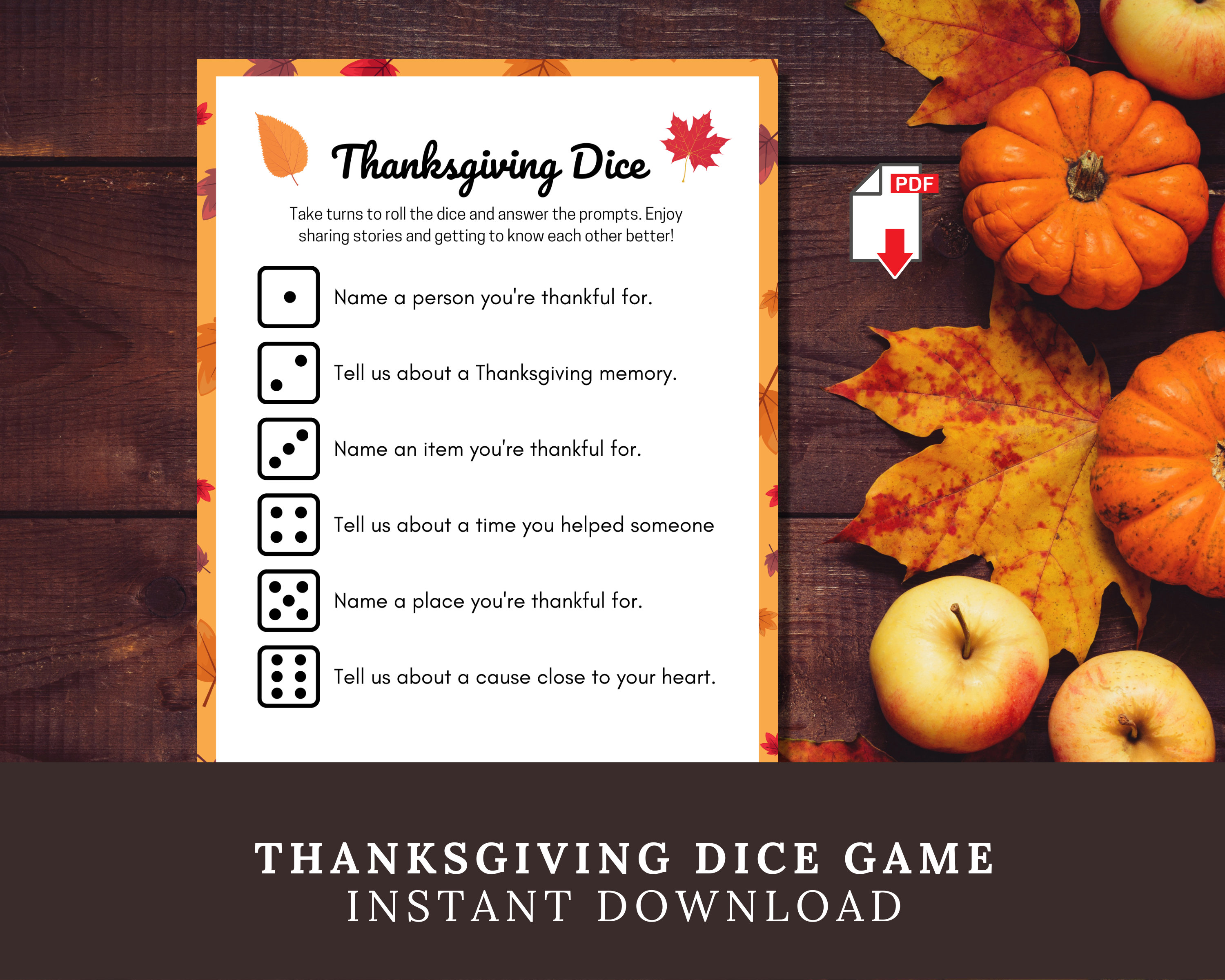 printable thanksgiving gratitude dice game: conversation starter (pdf)