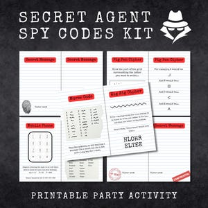 Puede incluir: Un kit imprimible de códigos de espía de agente secreto con varias hojas de cifrado, incluyendo código Morse, Pig Pen Cipher y Zig Zag Cipher. El kit incluye un cifrado de teléfono móvil y plantillas de mensajes secretos. El texto "PRINTABLE PARTY ACTIVITY" también es visible.