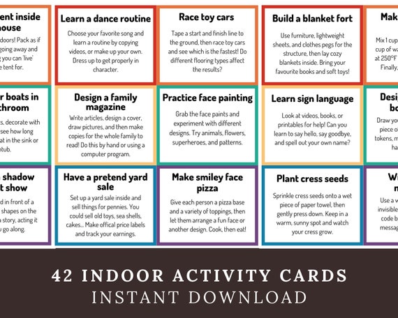 42 Indoor Activity Cards for Kids: Rainy Day Boredom Busters (PDF)