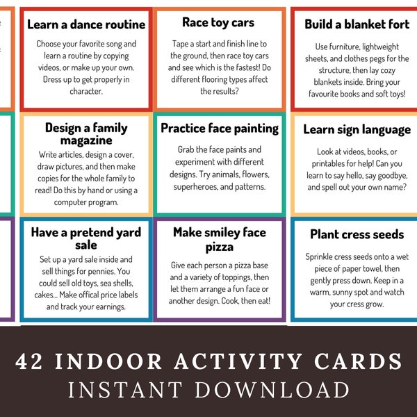 42 Indoor Activity Cards for Kids and Toddlers, Printable Rainy Day Activity Jar Bored Jar, Arts and Crafts Homeschool Boredom Busters