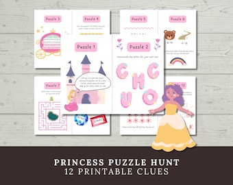 Könnte beinhalten: Ein Schatzsuche-Spiel zum Thema Prinzessin mit 12 druckbaren Hinweiskarten, die Rätsel, Labyrinthe und Illustrationen von Schlössern, Kutschen und einer Prinzessin enthalten. Die Karten zeigen Textbausteine wie Puzzle 1, Puzzle 2 und Let's go on a princess quest.