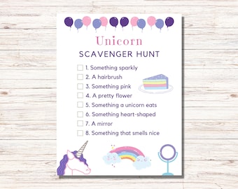 Może przedstawiać: Biała karta do gry w podchody z tytułem Unicorn Scavenger Hunt i rzędem fioletowych oraz różowych balonów u góry. Lista zawiera osiem zadań do wykonania, z ilustracją kawałka ciasta, jednorożca, tęczy oraz lusterka.